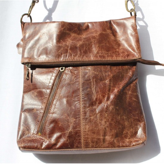 Amelie Messenger Bag with Slanted Zipped Pocket Brown Scrunchy Leather
