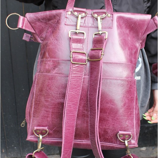 Belgian Convertible Clip Backpack Purple Leather