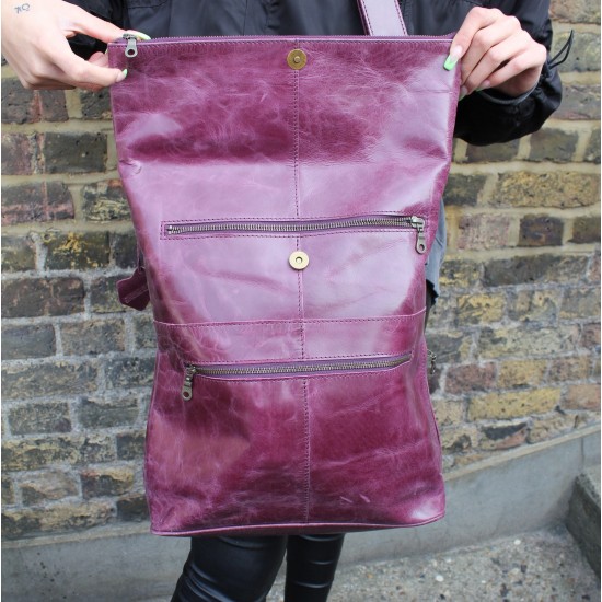 Belgian Convertible Clip Backpack Purple Leather
