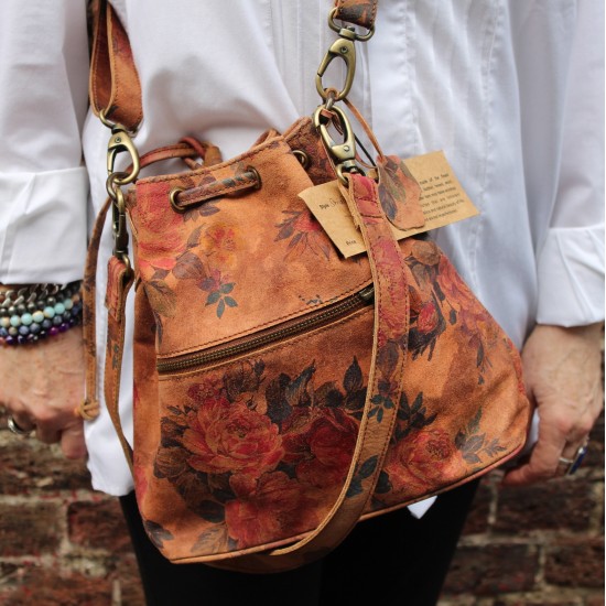 Bucket Drawstring Floral printed Leather