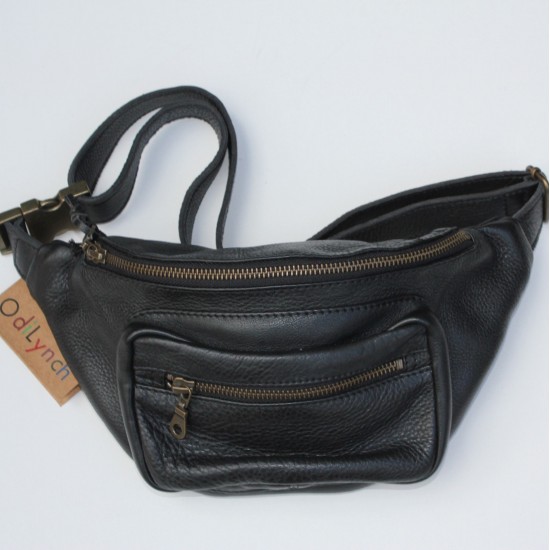 Double Bum Bag or Chest Bag Black Leather 
