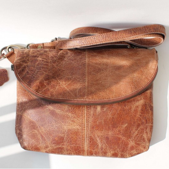 Dublin Medium Zipped Flapover Tan Scrunchy Leather Bag