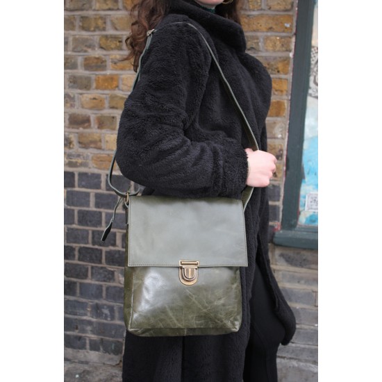 Messenger Medium Push through Bag Olive Green Leather