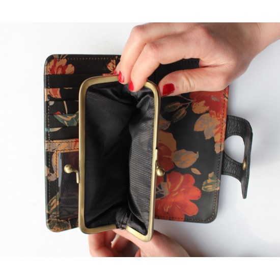 Large Wallet Black & Flowers Leather