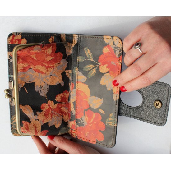 Large Wallet Black & Flowers Leather