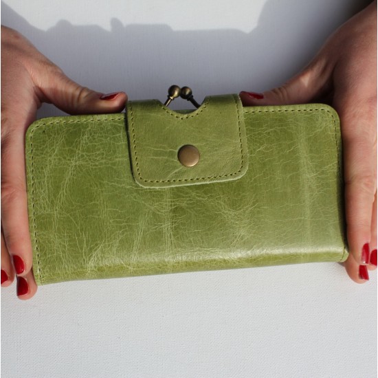 Large Wallet Green & Flowers Leather