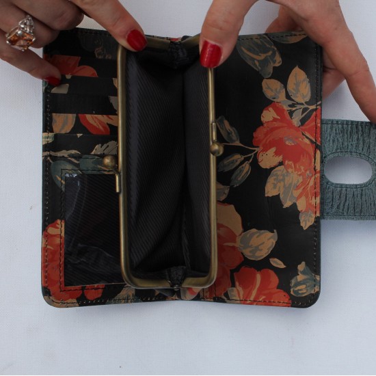 Large Wallet Navy & Flowers Leather