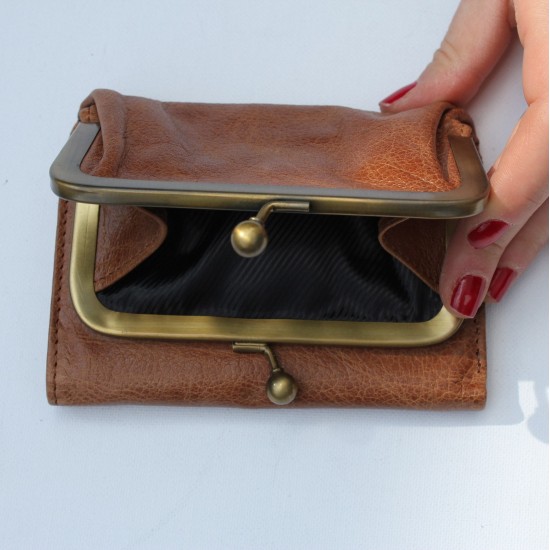 Evanna Small Clipframe Wallet Scrunchy Tan Leather