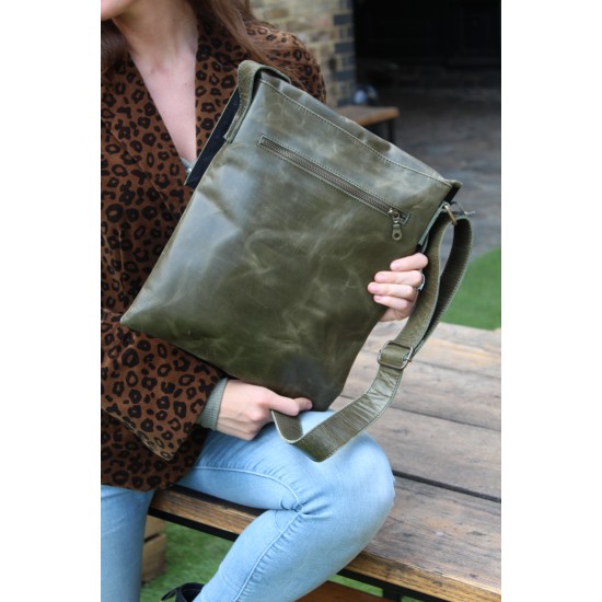 Messenger Bag Fold over Push Lock Olive Green Leather