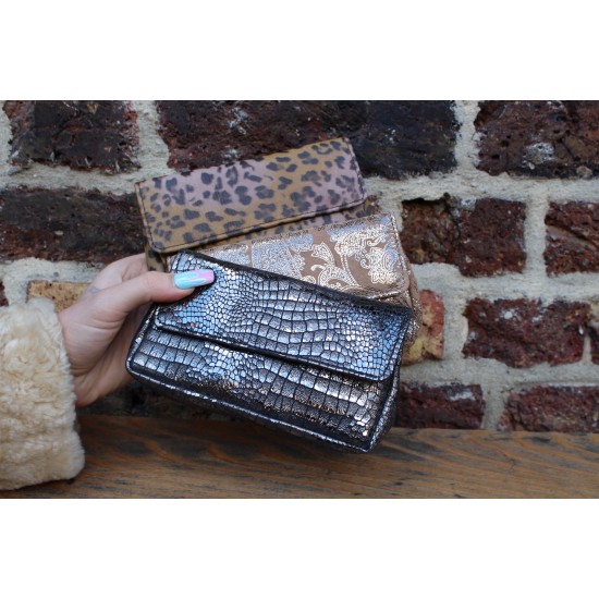 Francesca Pouch with Zip Silver Crocprint Leather