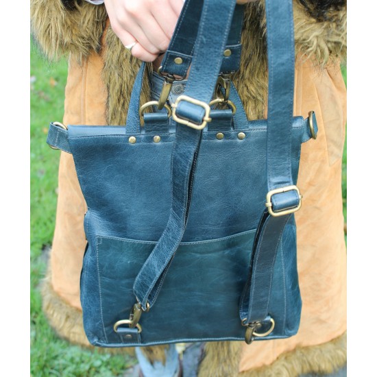 Amelie 2 in 1 Convertible Rucksack - Dystopian Blue - Distressed Artisan Leather Bag
