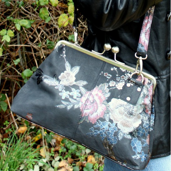 Doris Dark Japanese Floral Print Kisslock Crossbody Handbag Leather