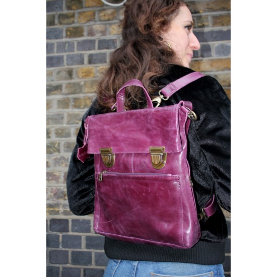 Amelie Convertible Clipped Backpack Purple Leather