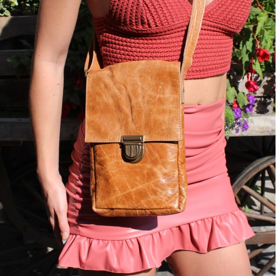 Mini Messenger Bag Tan Scrunchy Leather