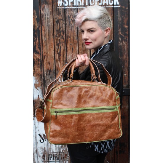 Jackie Tote Tan Leather & Green