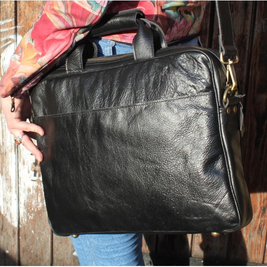 Berlin Black Leather Laptop Briefcase Bag 