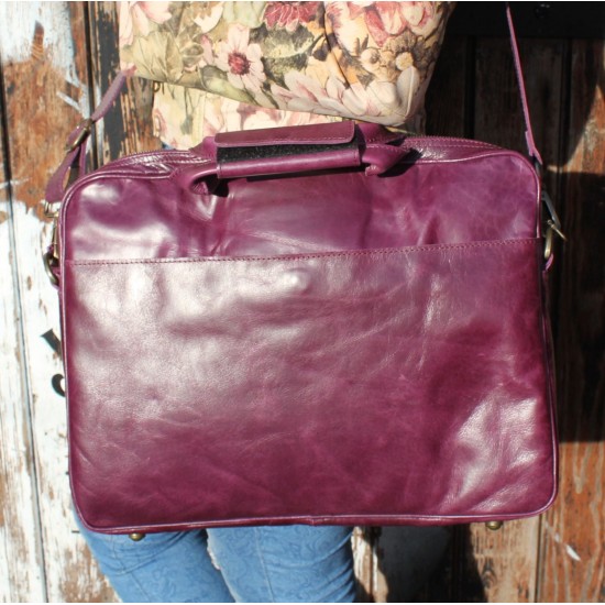 Berlin Purple Leather Laptop Briefcase Bag 