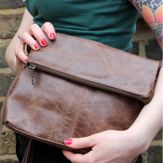 Mini Amelie Flapover in Distressed Dark Brown Leather