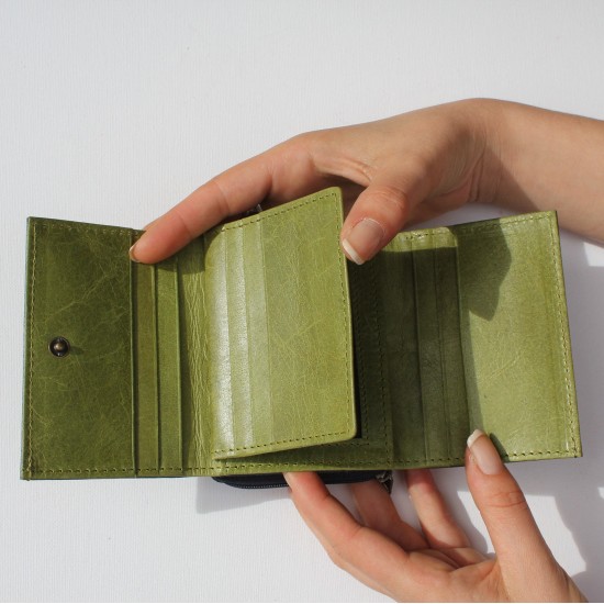 Leather Navy Apple Green Trifold Wallet