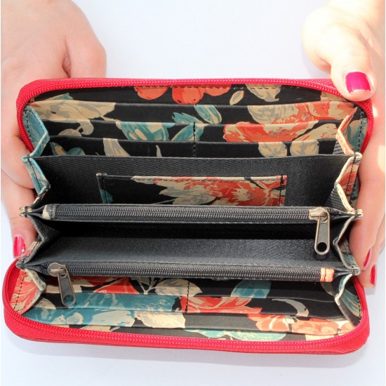 Zip Surround Wallet Red And Floral Leather