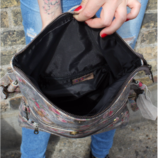 Amelie Backpack Convertible Spring Grey & Pink Floral Print no 21 Leather Bag | Distressed Artisan Leather Bag