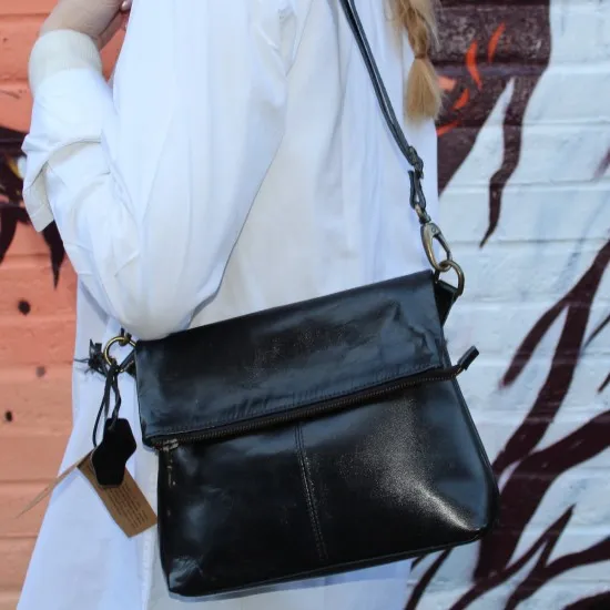 Mini Amelie Foldover Black Waxy Leather Bag