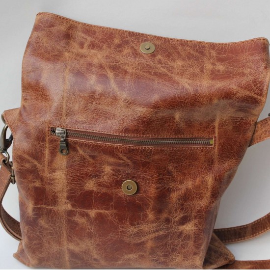 Roman Flap over Fold over Bag Tan Scrunchy Leather
