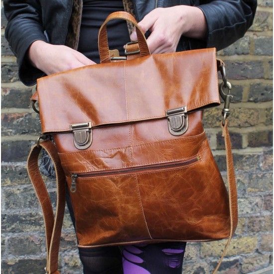 Belgian Convertible to Bag Rucksack Tan Smooth Leather Pushlock