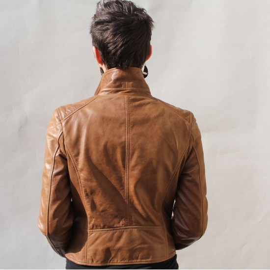Dark Tan Leather Biker Jacket 