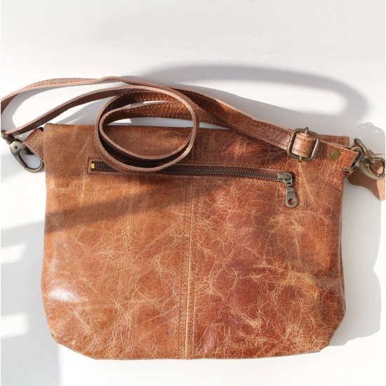 Dublin Medium Zipped Flapover Tan Scrunchy Leather Bag