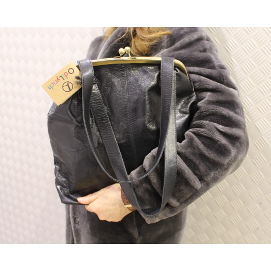 Maya Large Top Clip Black Leather Handbag 