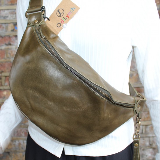 Large leather Bum Bag Olive Green with internal detail