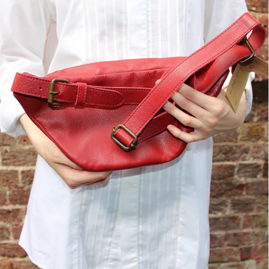 Double Bum Bag - Red Leather - Festival Bum Bag - Fanny Pack Double Zip 
