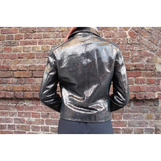 Biker Jacket Dark Silver Metallic Croco Style Leather
