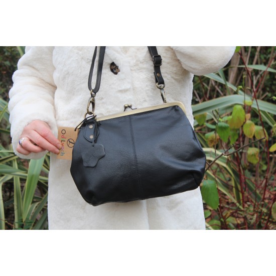 Athina Top Black Leather Clip Bag 
