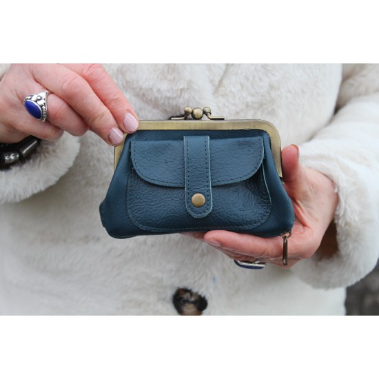 Amy blue leather coin purse with bottom zip