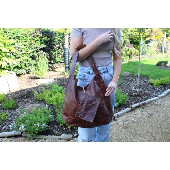 Beach Hobo Scoop Leather bag Brown Distressed 