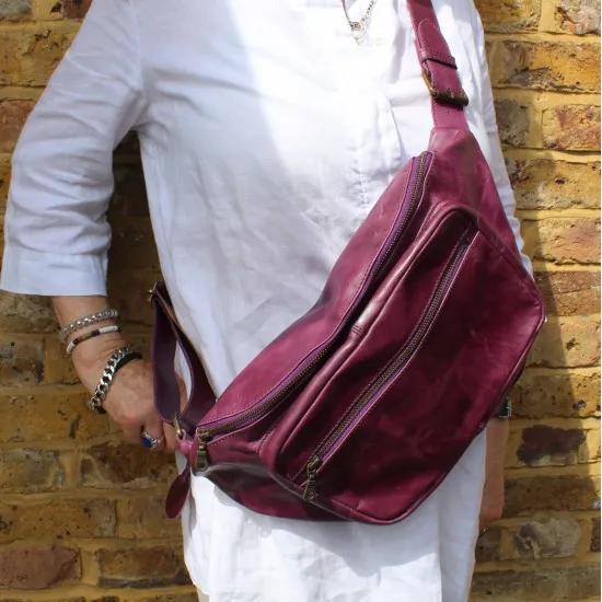 Giant zipped bum bag purple leather