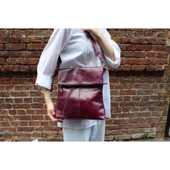 Amelie Crossbody Messenger Bag Purple Leather
