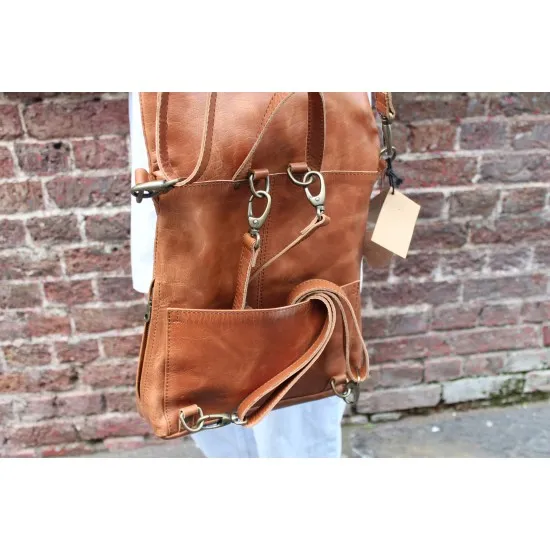 Multiway backpack tan leather cross body zipped bag