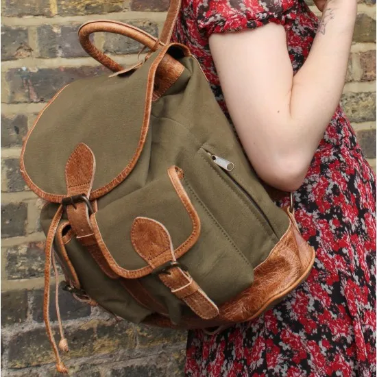 Leather Olive Canvas Backpack Rucksack-Dark-Green-Canvas-and